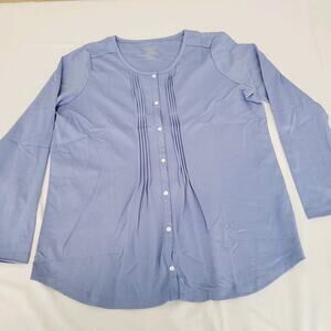 LL Bean Top Woman Large Blue Tunic Pima Cotton Pintuck Roll Tab Classic Basic